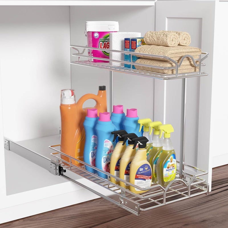 OCG Under Sink Cabinet Organizer Two Tier Pull Out Shelf (11.75W x21D), Under Sink Sliding Shelf for Kitchen Bathroom Cabinet 2 Tier Chrome - Image 3